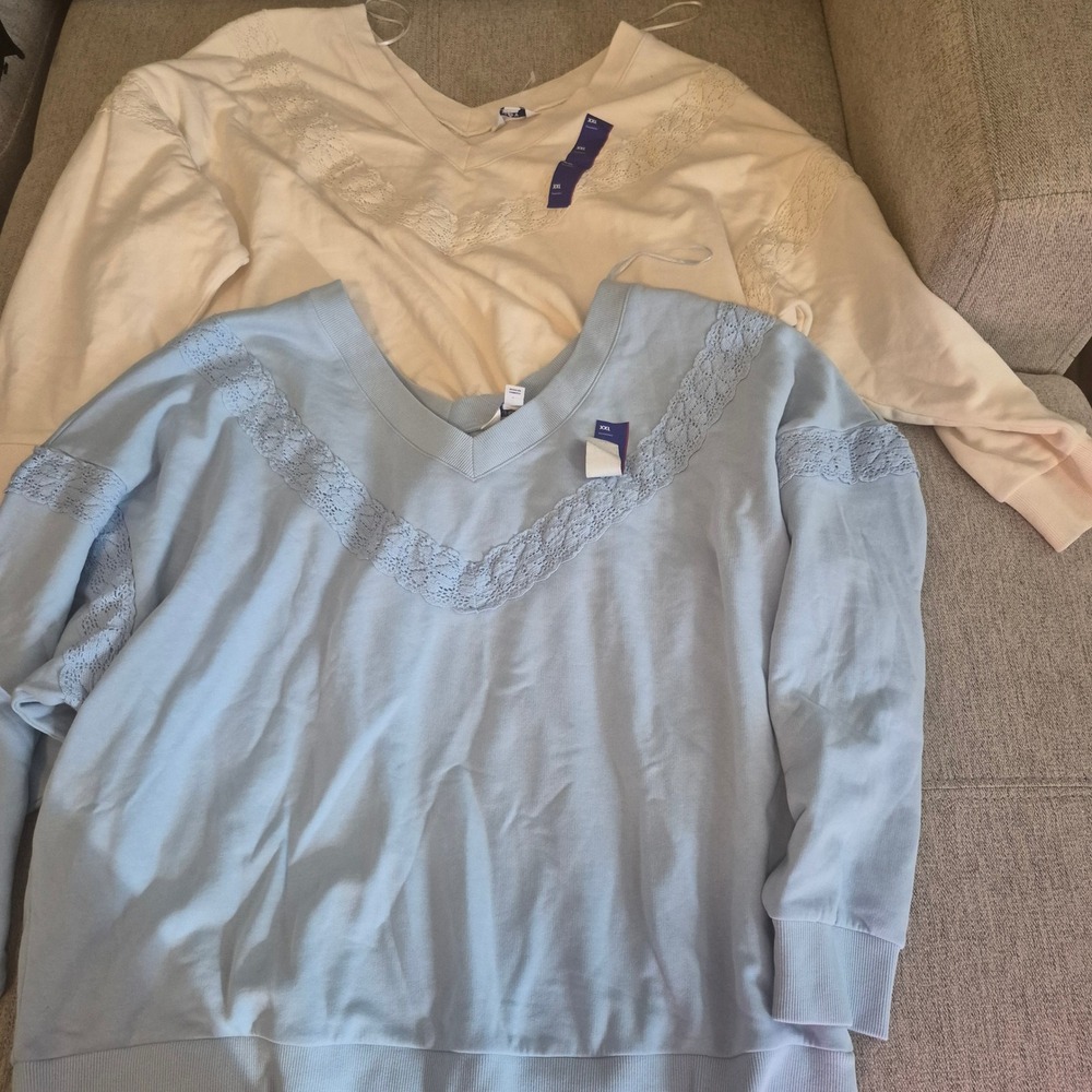 JOY Lab Womens XXL Lace Trim V-Neck Sweatshirt Set Blue Cream 2 Pack NWT